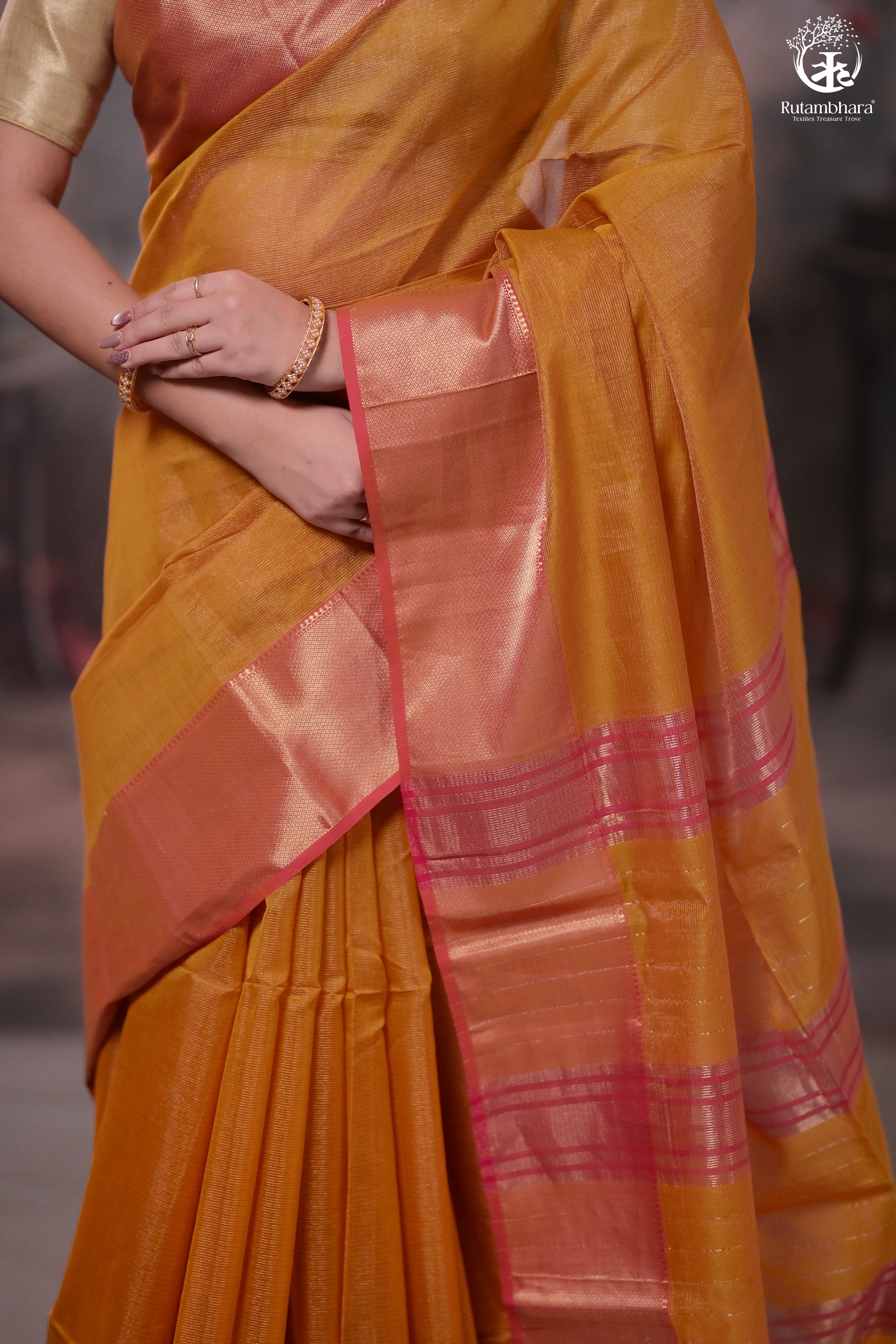 Narmaa - Mustard Yellow Zari Tissue With Pink Selvedge And Gold Zari Chatai Border