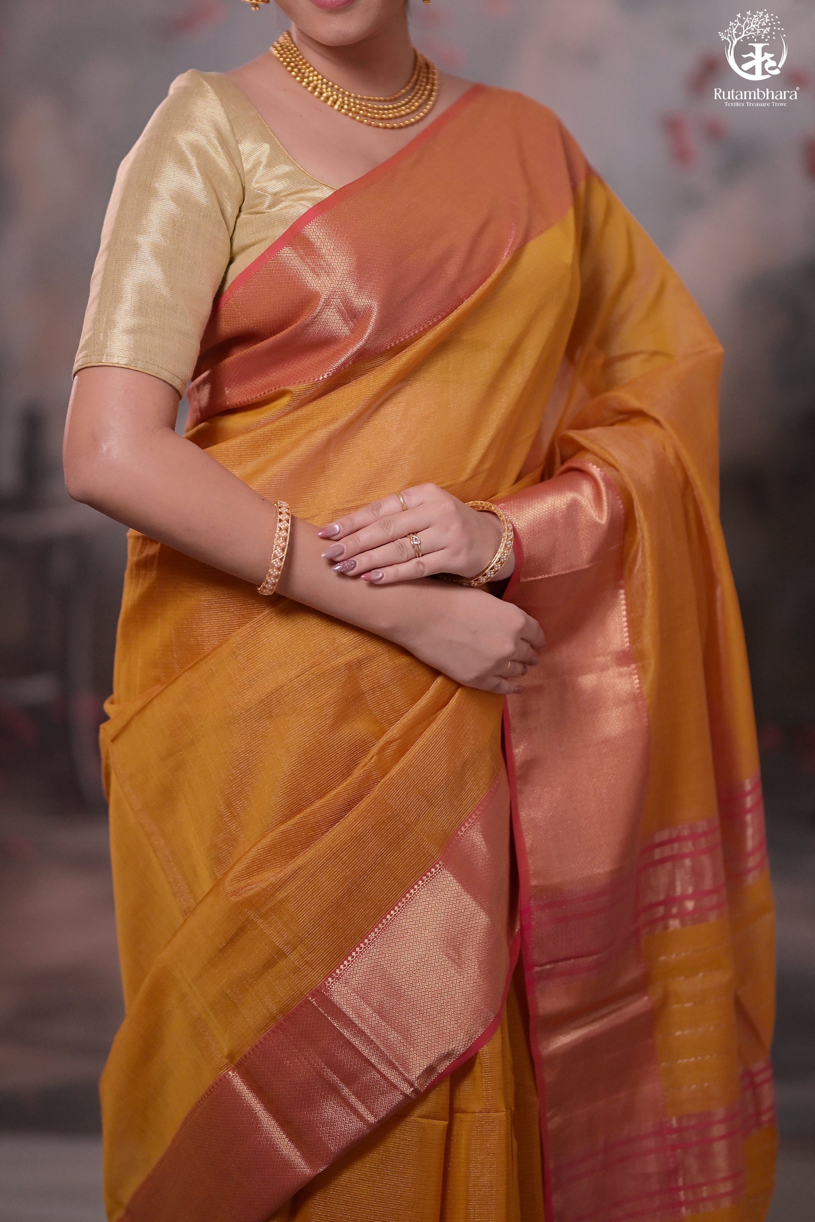 Narmaa - Mustard Yellow Zari Tissue With Pink Selvedge And Gold Zari Chatai Border