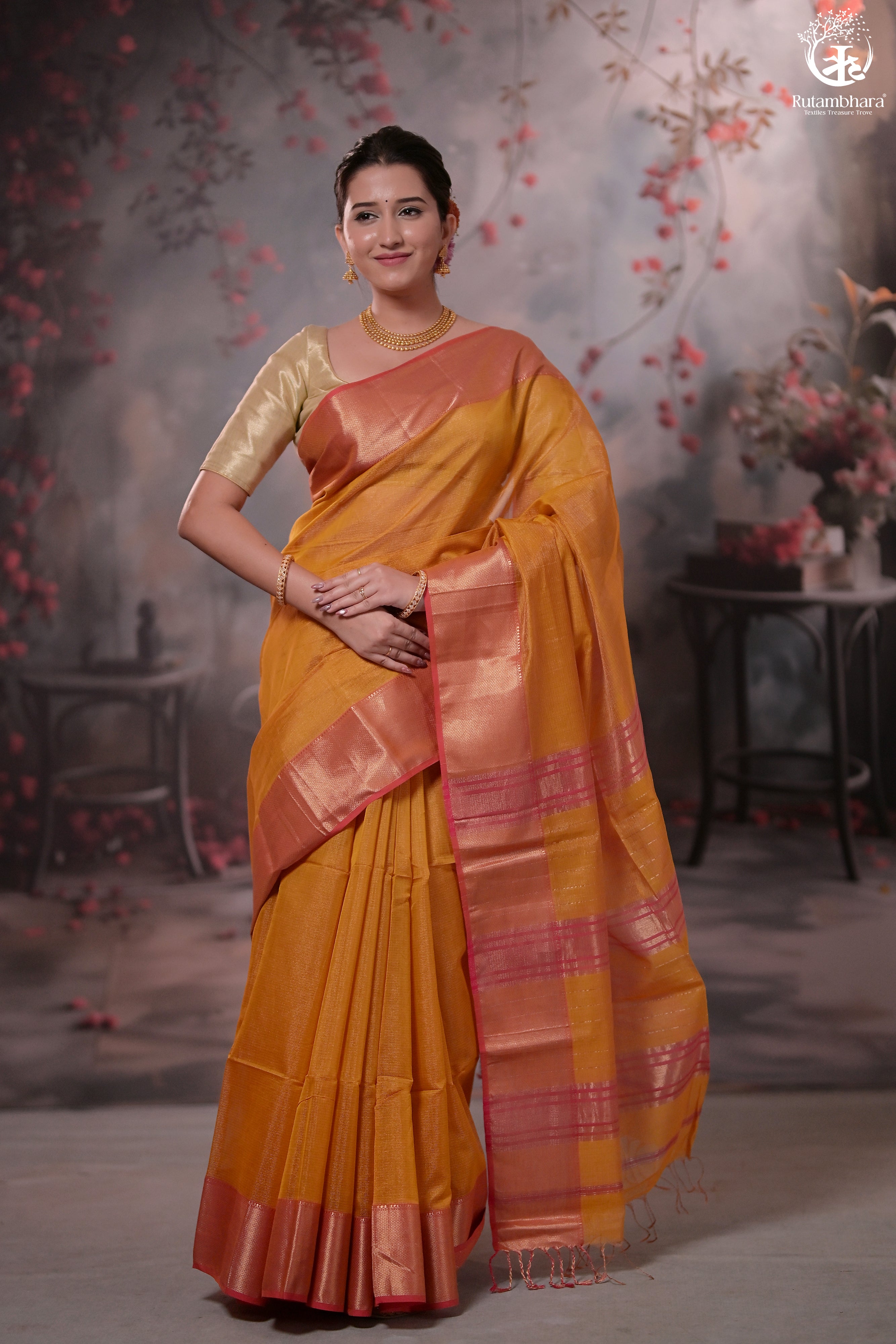 Narmaa - Mustard Yellow Zari Tissue With Pink Selvedge And Gold Zari Chatai Border
