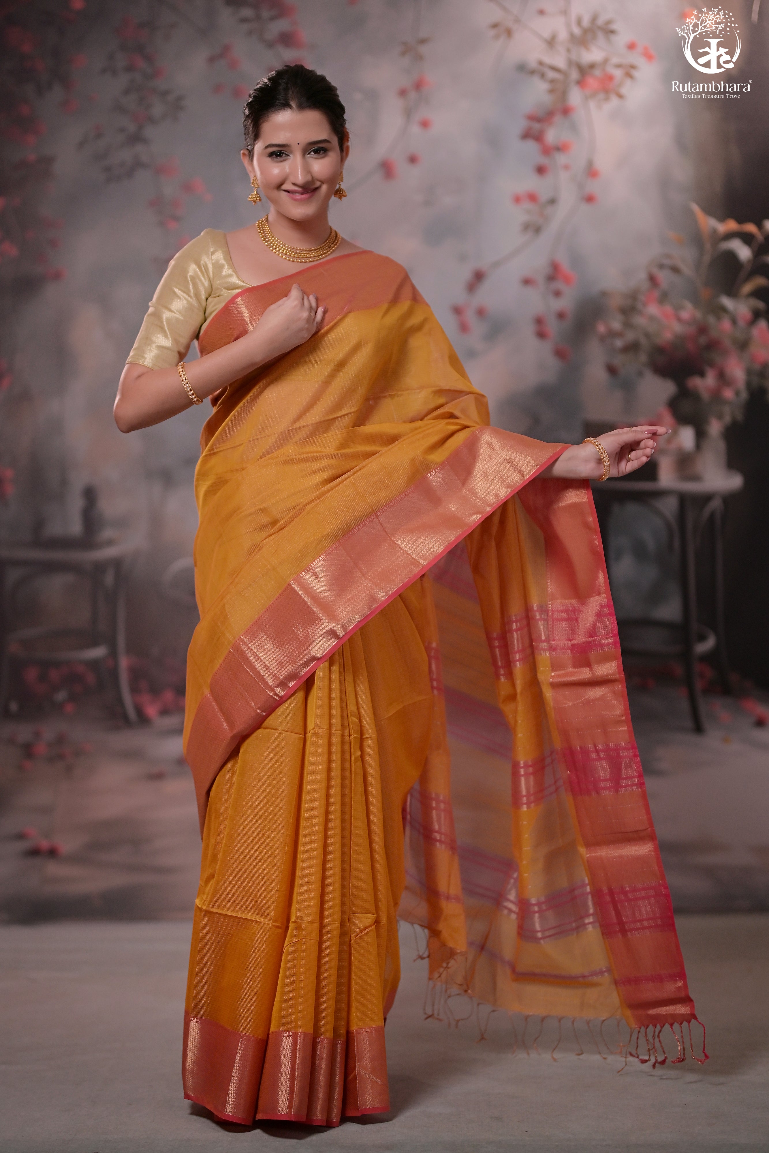 Narmaa - Mustard Yellow Zari Tissue With Pink Selvedge And Gold Zari Chatai Border