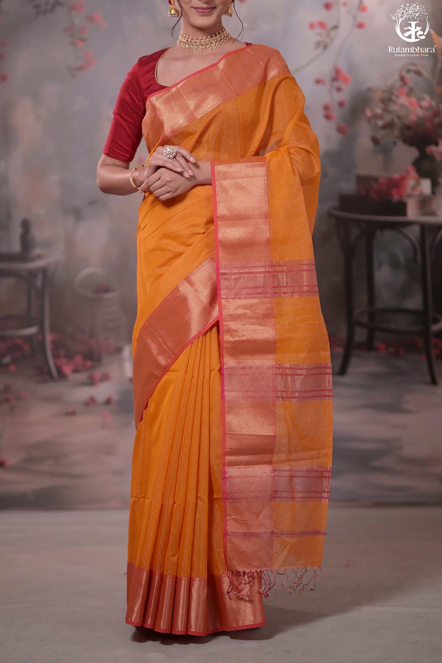 NARMAA - ORANGE ZARI TISSUE WITH PINK SELVEDGE AND GOLD ZARI CHATAI BORDER