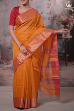 NARMAA - ORANGE ZARI TISSUE WITH PINK SELVEDGE AND GOLD ZARI CHATAI BORDER-Rutambhara-RUTAMBHARA