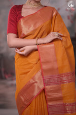 NARMAA - ORANGE ZARI TISSUE WITH PINK SELVEDGE AND GOLD ZARI CHATAI BORDER-Rutambhara-RUTAMBHARA