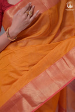 NARMAA - ORANGE ZARI TISSUE WITH PINK SELVEDGE AND GOLD ZARI CHATAI BORDER-Rutambhara-RUTAMBHARA