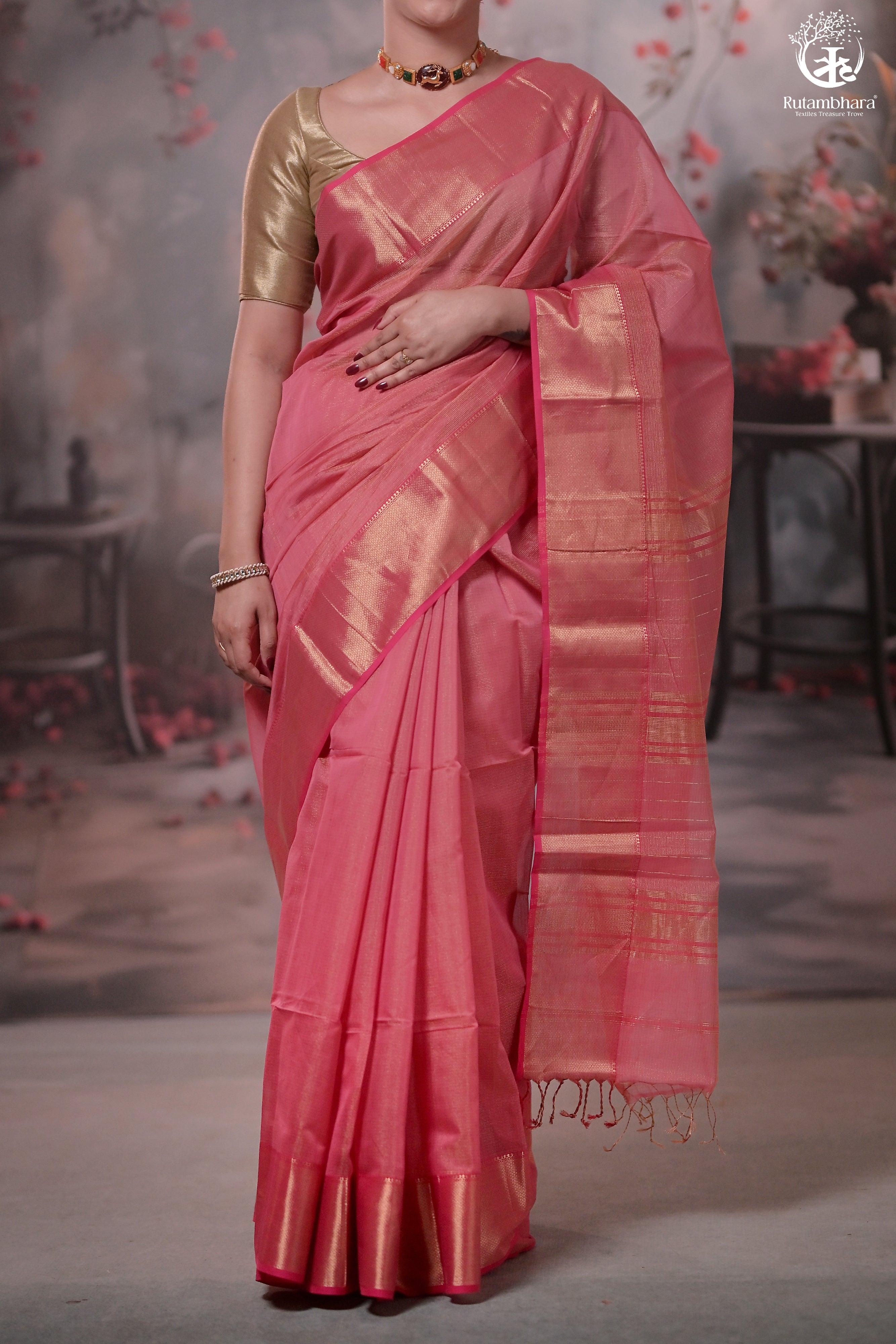 Narmaa - Light Pink Zari Tissue With Pink Selvedge And Gold Zari Chatai Border