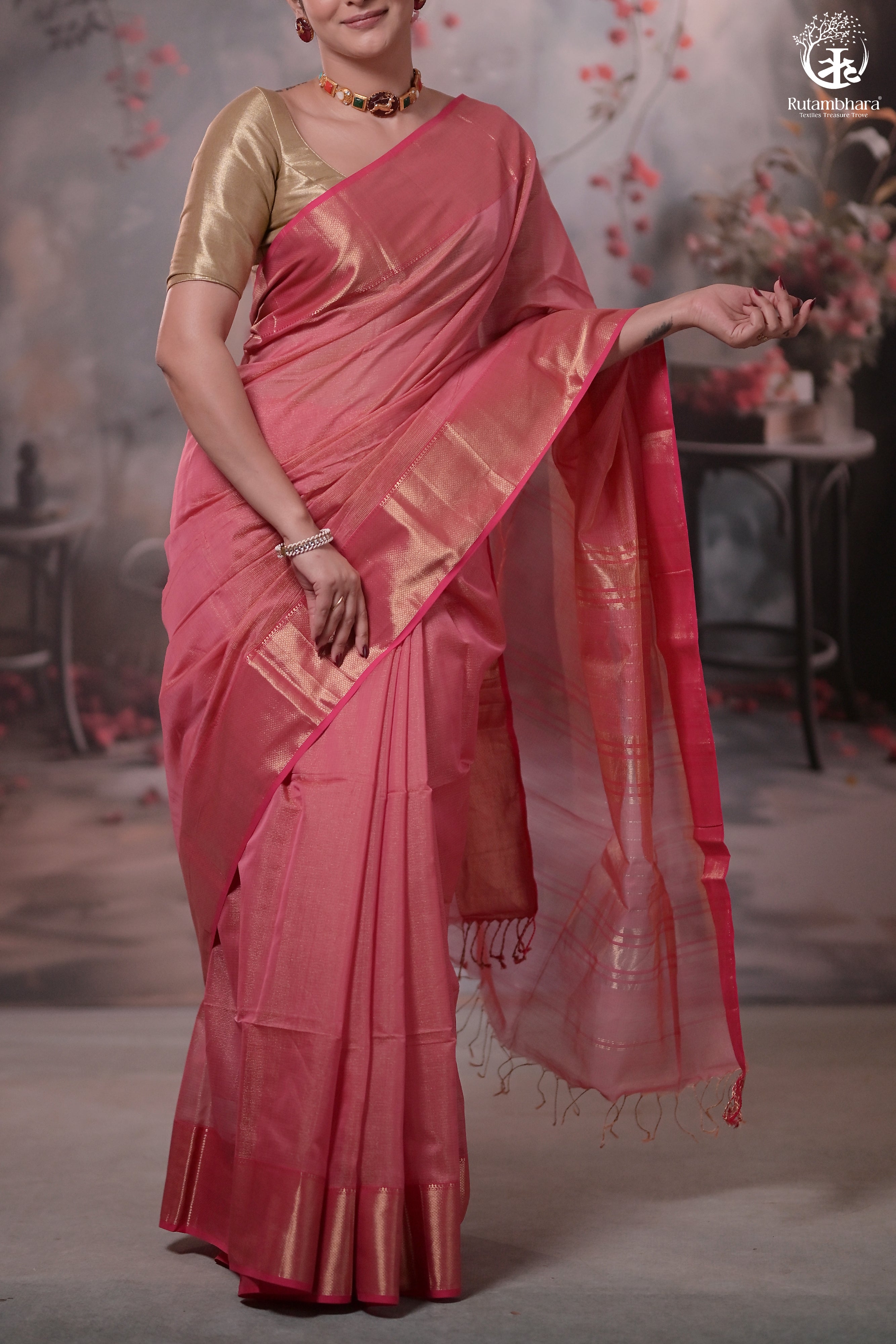 Narmaa - Light Pink Zari Tissue With Pink Selvedge And Gold Zari Chatai Border