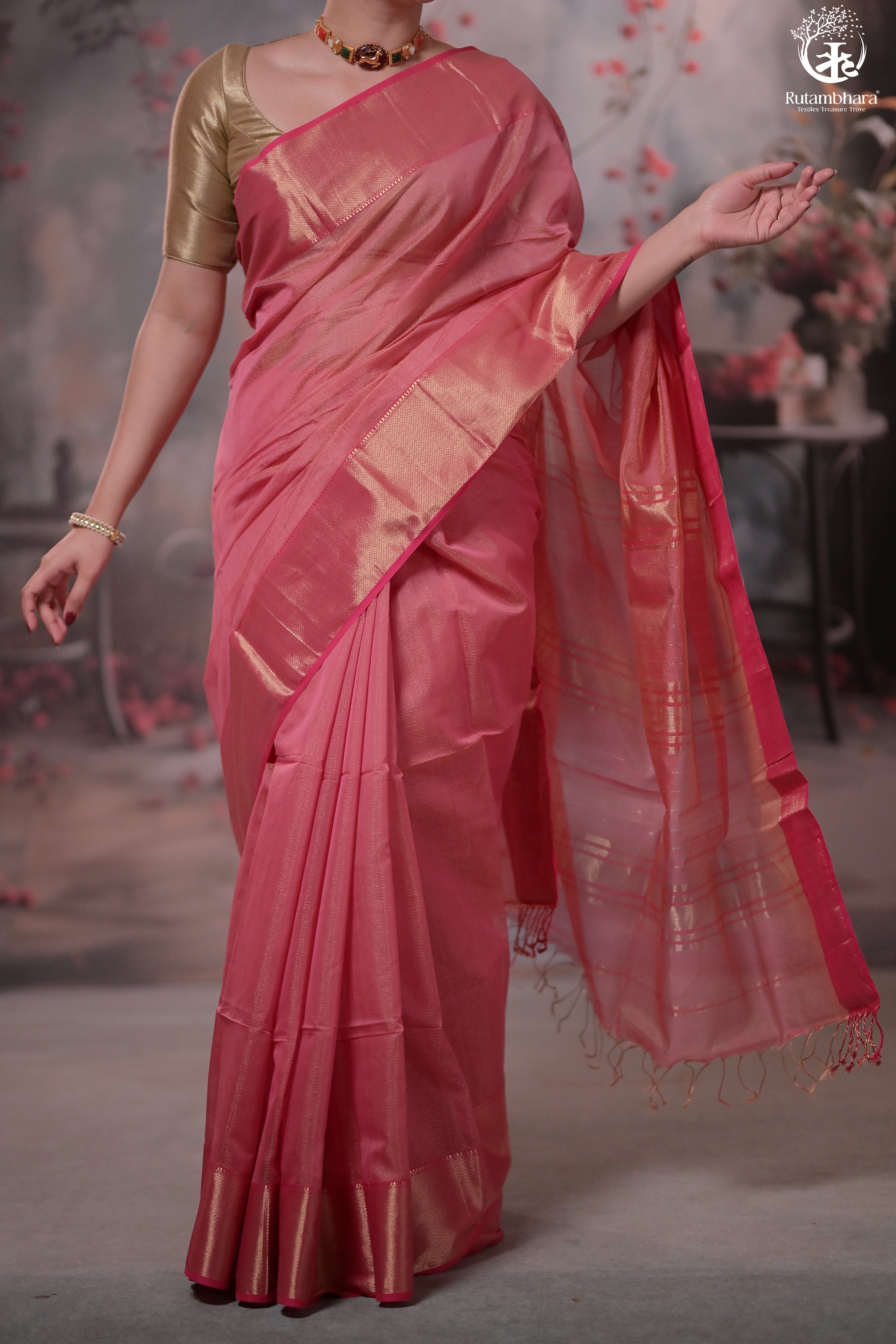 Narmaa - Light Pink Zari Tissue With Pink Selvedge And Gold Zari Chatai Border
