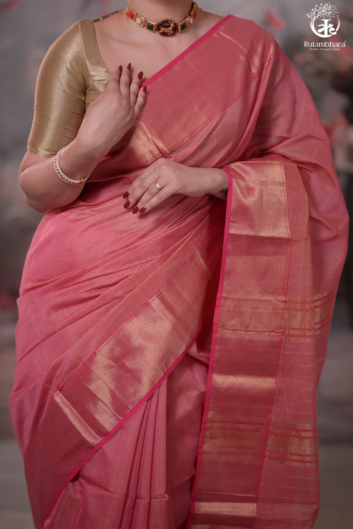 Narmaa - Light Pink Zari Tissue With Pink Selvedge And Gold Zari Chatai Border