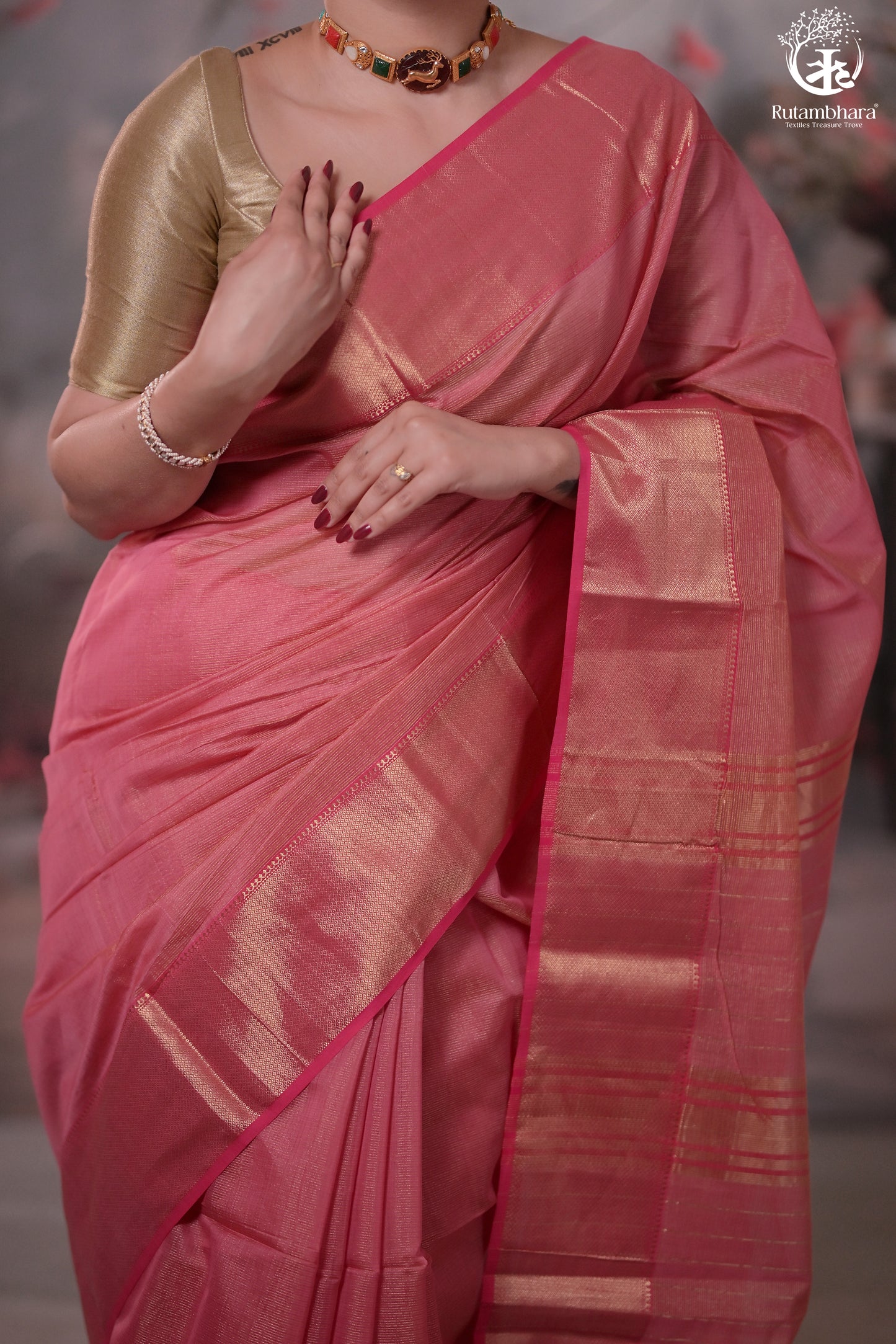 Narmaa - Light Pink Zari Tissue With Pink Selvedge And Gold Zari Chatai Border
