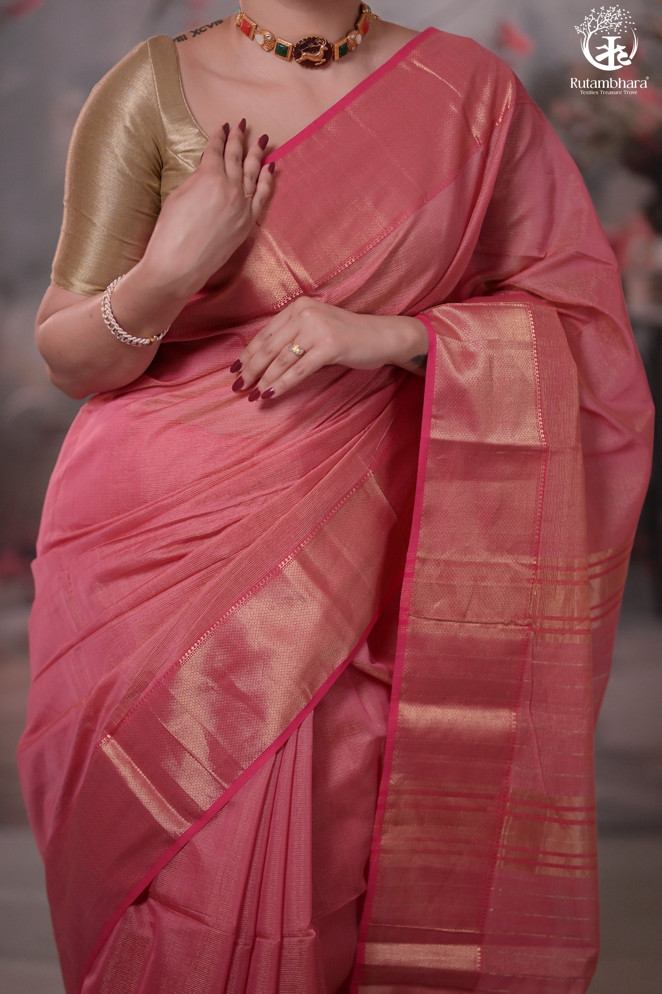 Narmaa - Light Pink Zari Tissue With Pink Selvedge And Gold Zari Chatai Border