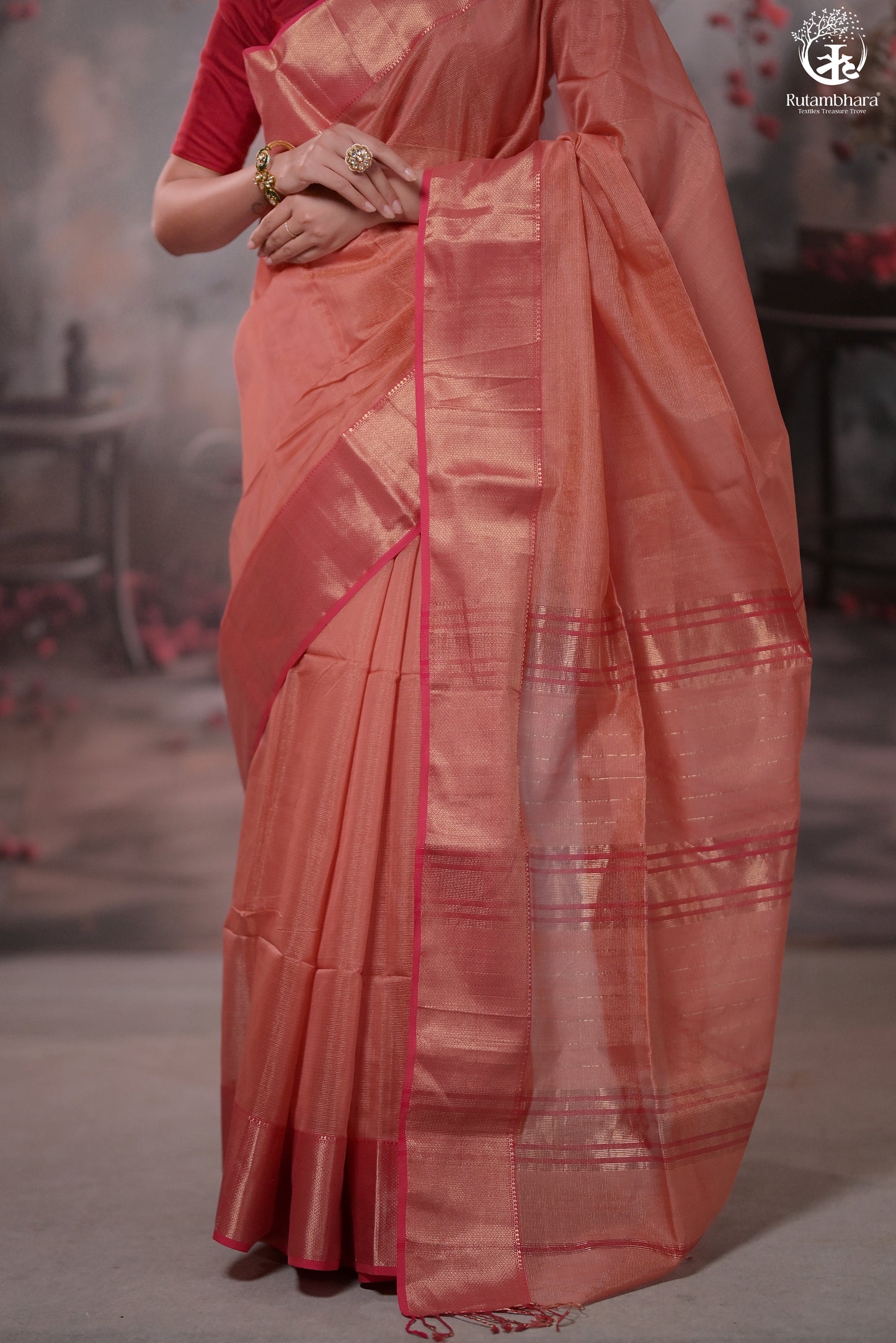 Narmaa - Peach Pink Zari Tissue With Pink Selvedge And Gold Zari Chatai Border