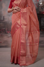 Narmaa - Peach Pink Zari Tissue With Pink Selvedge And Gold Zari Chatai Border-Rutambhara-RUTAMBHARA