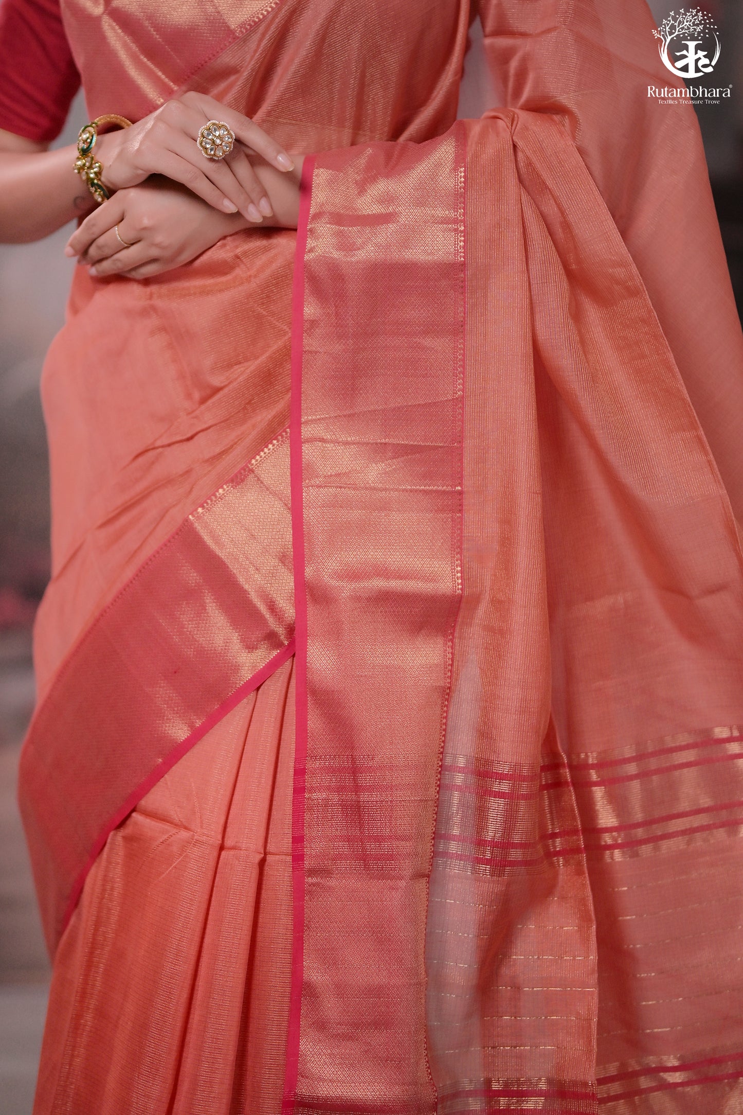 Narmaa - Peach Pink Zari Tissue With Pink Selvedge And Gold Zari Chatai Border