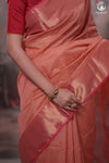 Narmaa - Peach Pink Zari Tissue With Pink Selvedge And Gold Zari Chatai Border