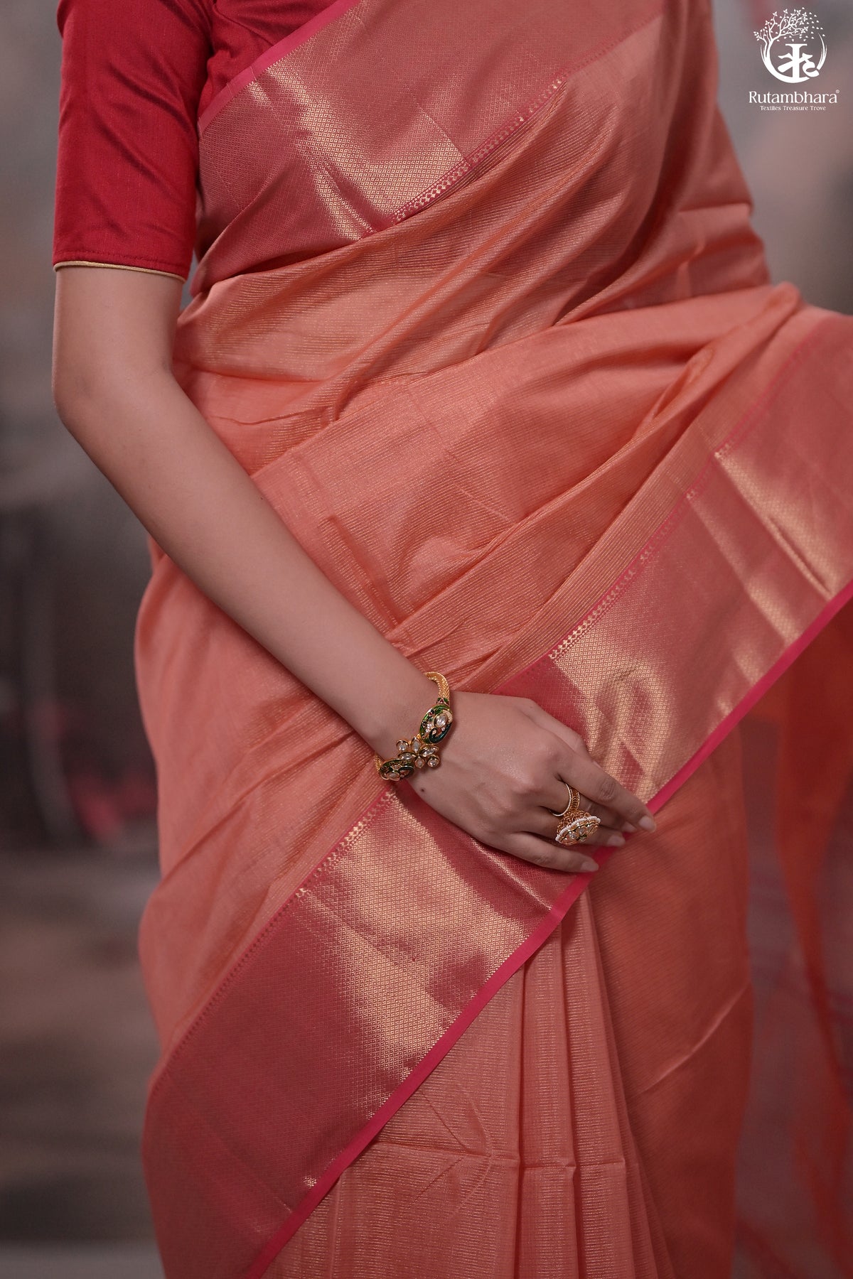 Narmaa - Peach Pink Zari Tissue With Pink Selvedge And Gold Zari Chatai Border