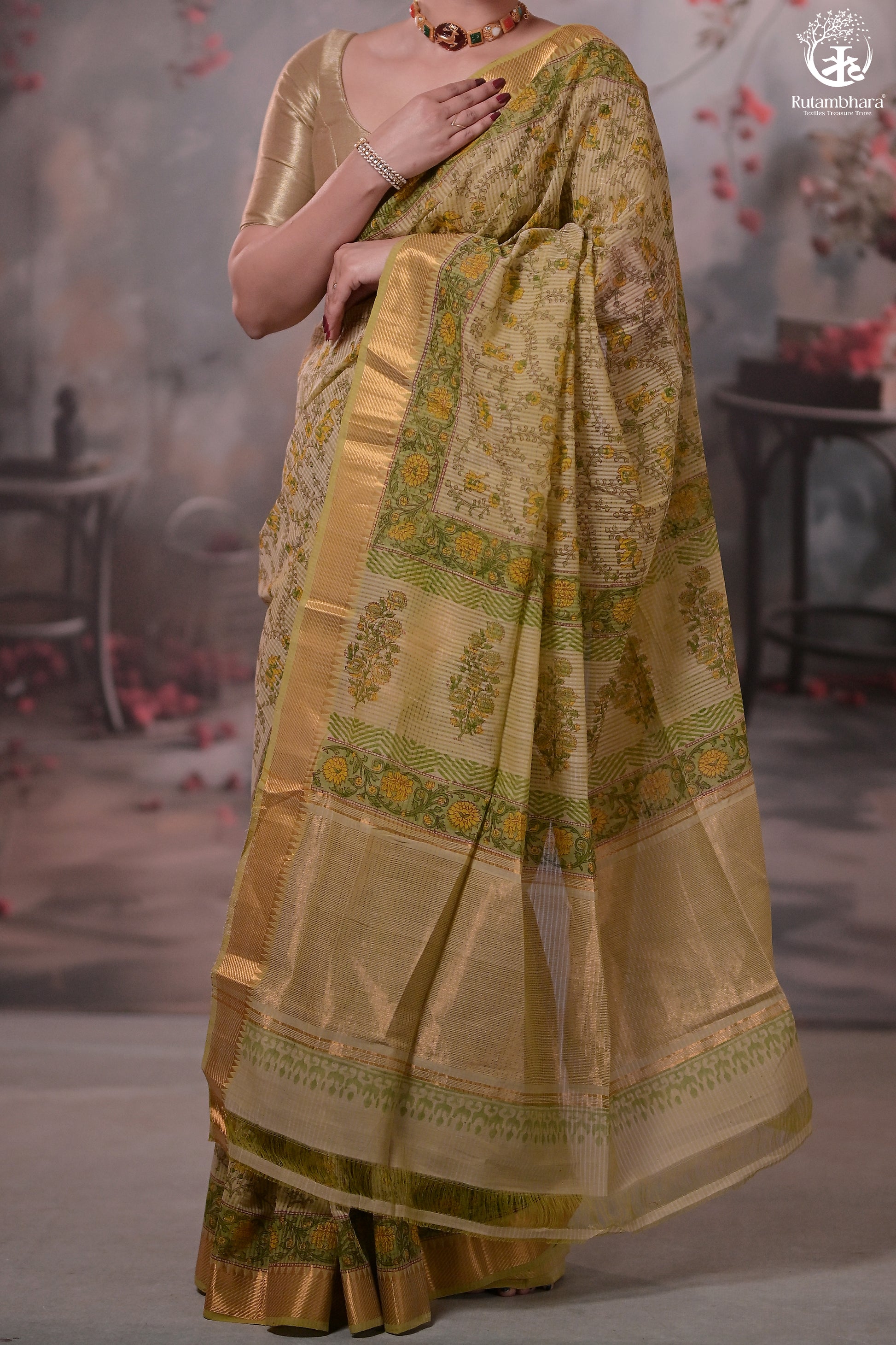 Siyahi - Light Green Handwoven Hand Block Printed Gold Zari Border Cotton Saree-Rutambhara-RUTAMBHARA