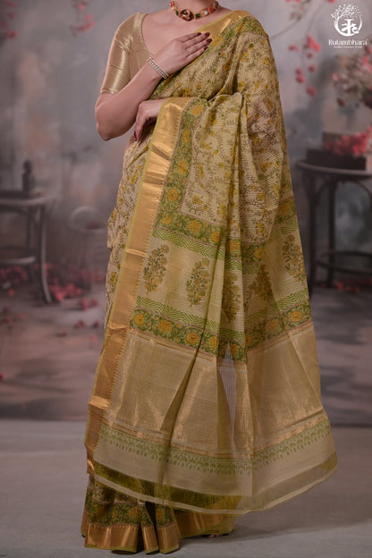 Siyahi - Light Green Handwoven Hand Block Printed Gold Zari Border Cotton Saree-Rutambhara-RUTAMBHARA