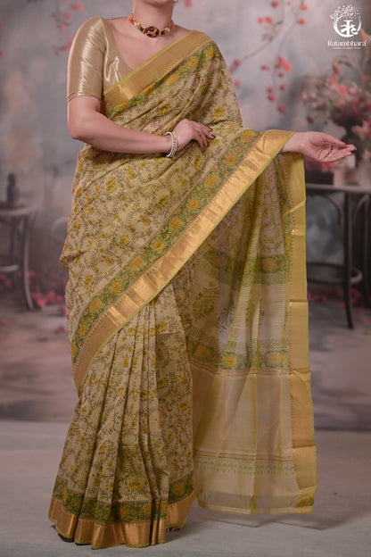 Siyahi - Light Green Handwoven Hand Block Printed Gold Zari Border Cotton Saree-Rutambhara-RUTAMBHARA