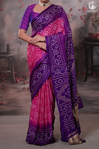 Elegant Gajji Silk Bandhani Saree – Purple & Pink Ombre-RUTAMBHARA-RUTAMBHARA