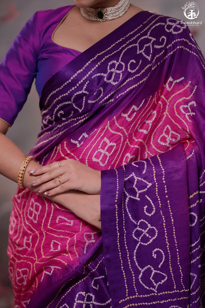 Elegant Gajji Silk Bandhani Saree – Purple & Pink Ombre-RUTAMBHARA-RUTAMBHARA