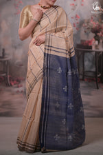 Beige and Indigo Tussar Cotton Saree-Rutambhara-RUTAMBHARA