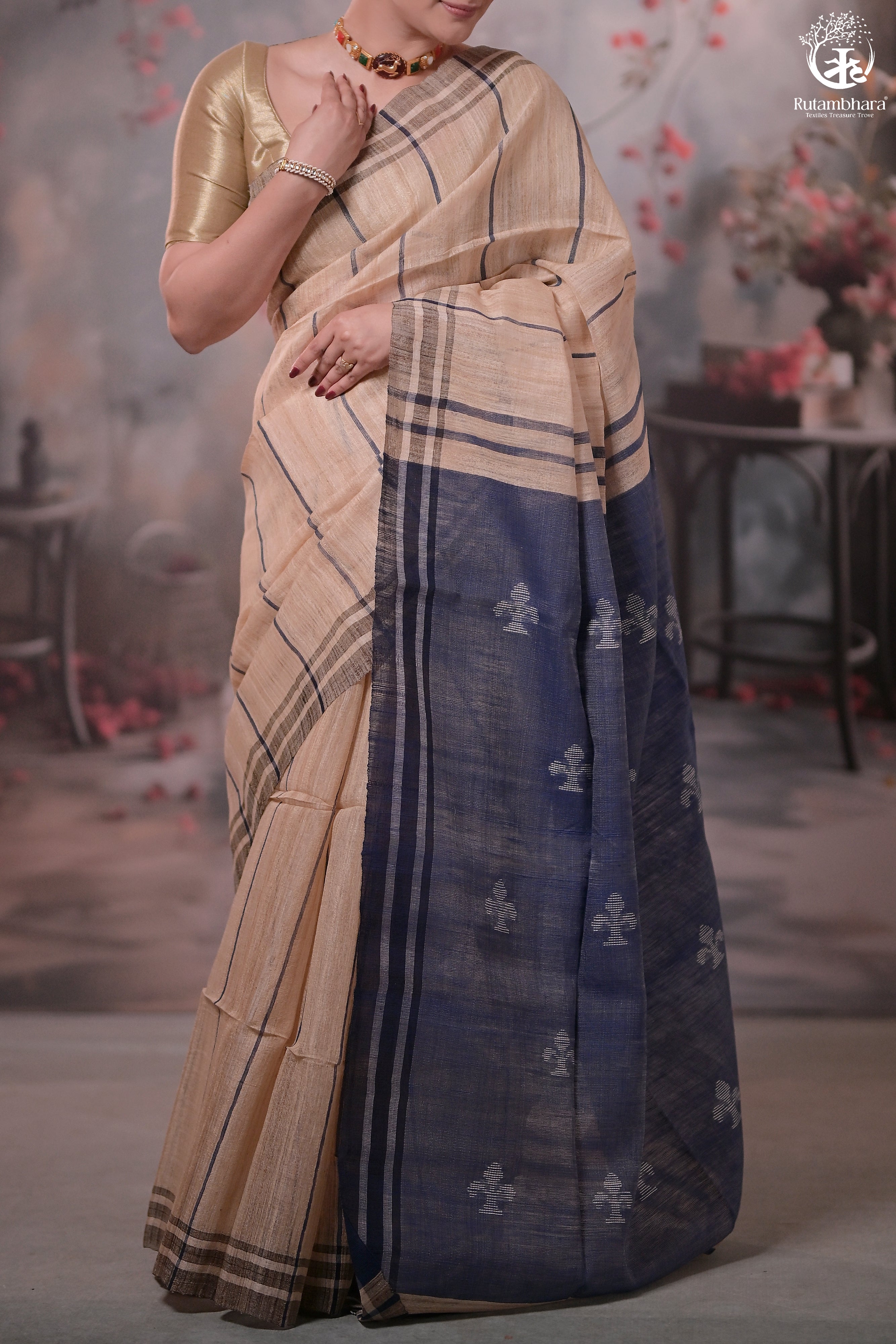 Beige and Indigo Tussar Cotton Saree