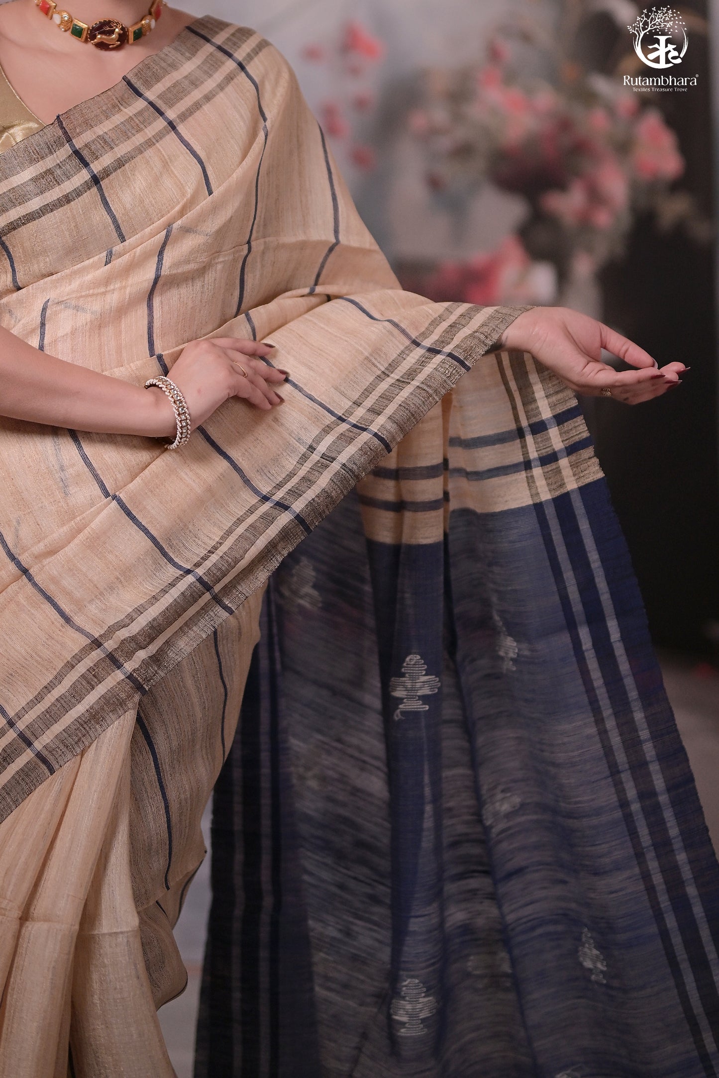 Beige and Indigo Tussar Cotton Saree