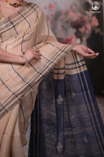 Beige and Indigo Tussar Cotton Saree-Rutambhara-RUTAMBHARA