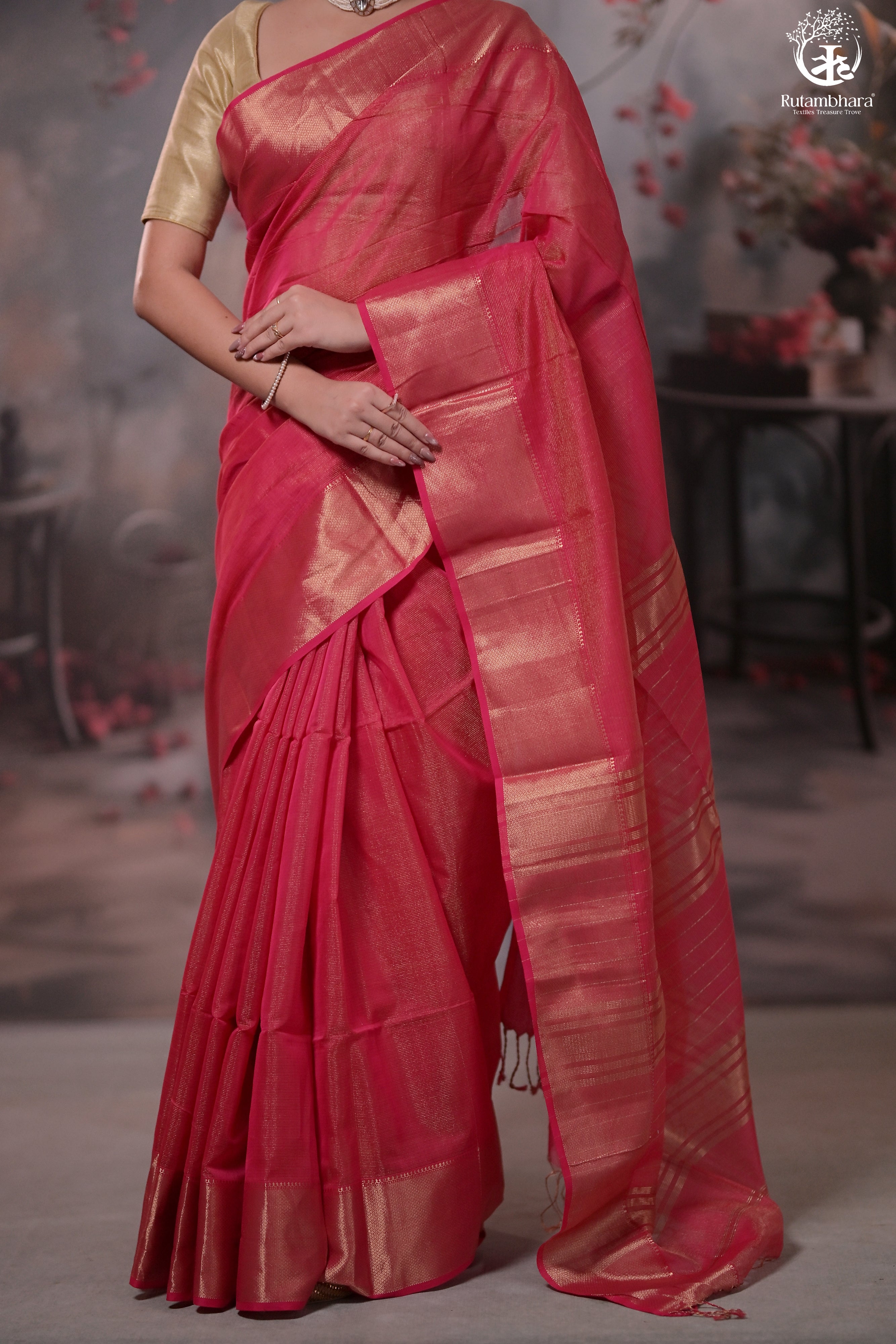 Narmaa - Rani Pink Zari Tissue With Deep Pink Selvedge And Gold Zari Chatai Border