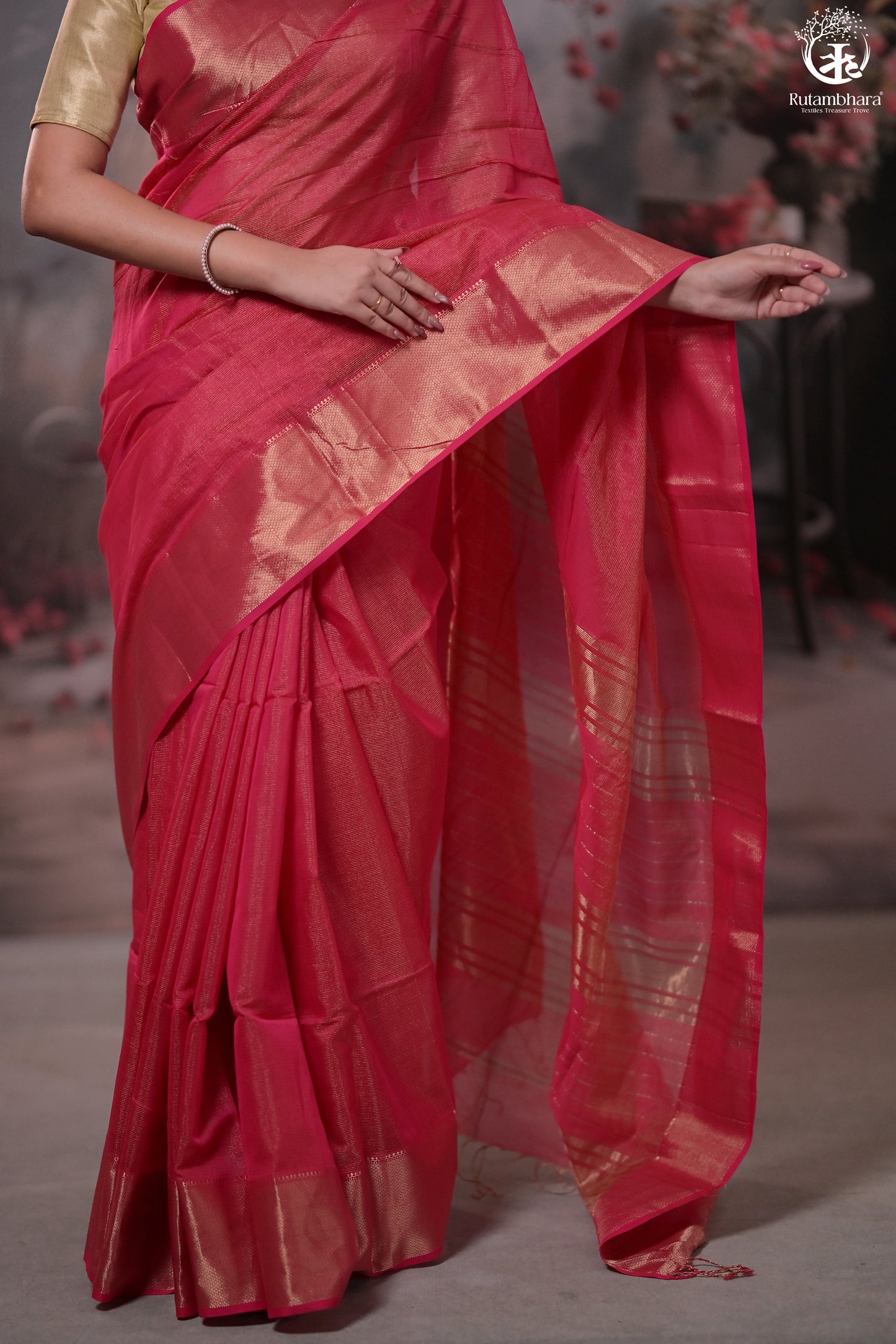 Narmaa - Rani Pink Zari Tissue With Deep Pink Selvedge And Gold Zari Chatai Border