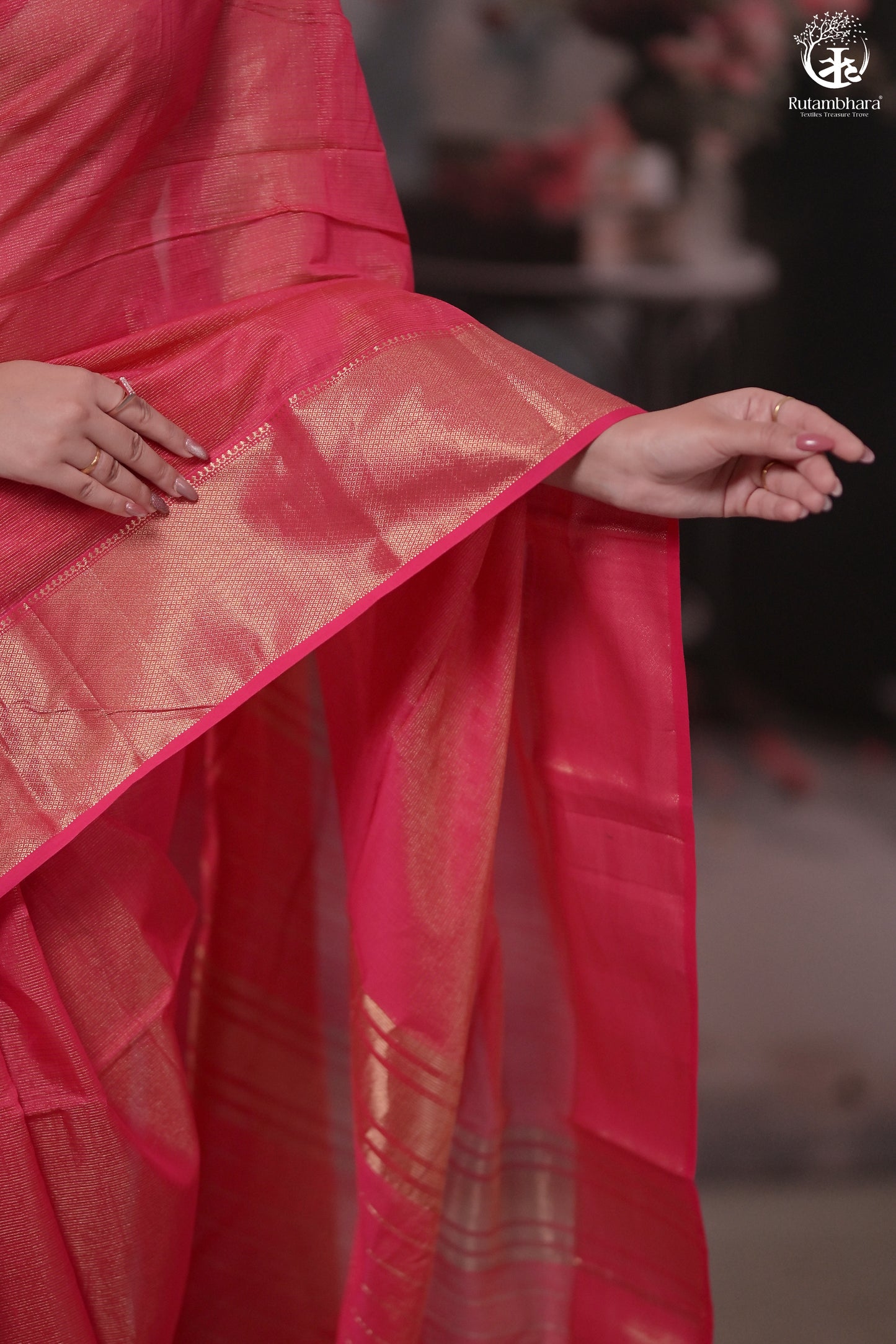 Narmaa - Rani Pink Zari Tissue With Deep Pink Selvedge And Gold Zari Chatai Border
