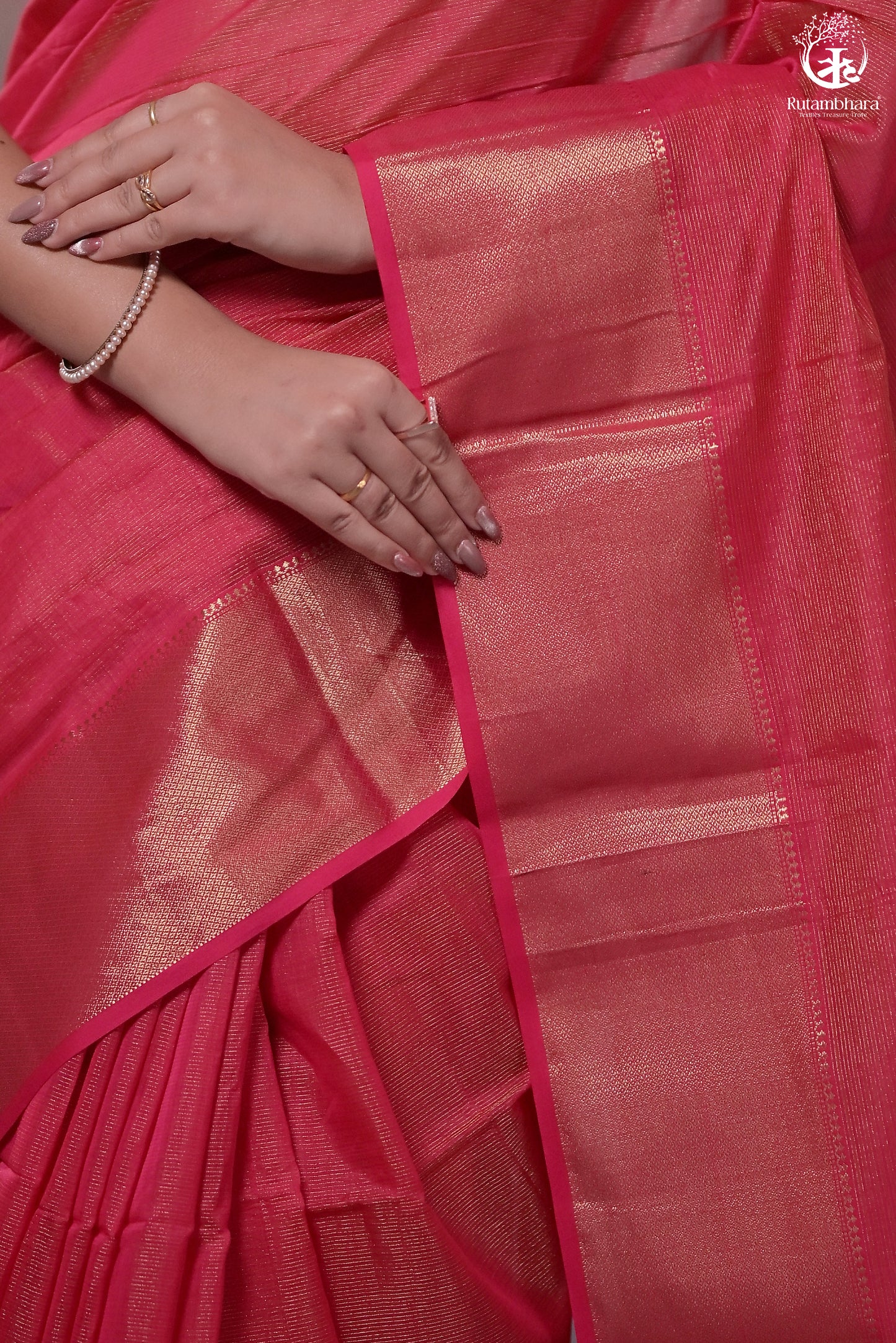 Narmaa - Rani Pink Zari Tissue With Deep Pink Selvedge And Gold Zari Chatai Border