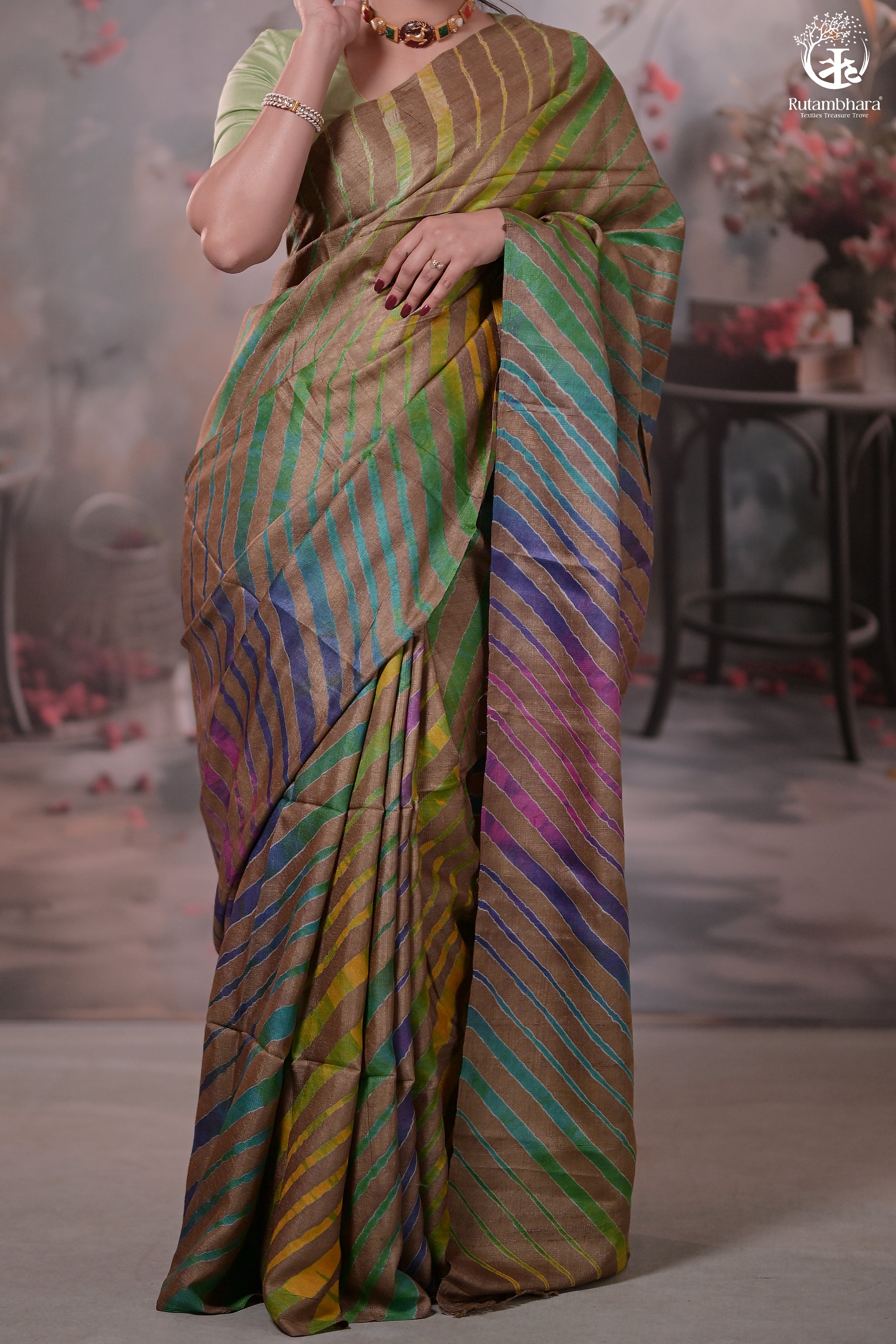 Dhanak - Light Brown Leheriya Saree In Tussar Silk