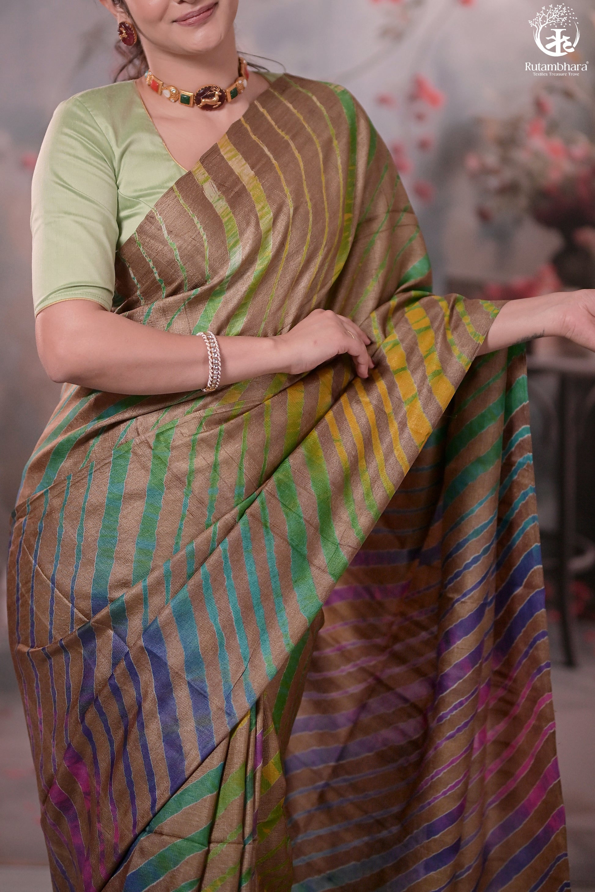 Dhanak - Light Brown Leheriya Saree In Tussar Silk-Rutambhara-RUTAMBHARA
