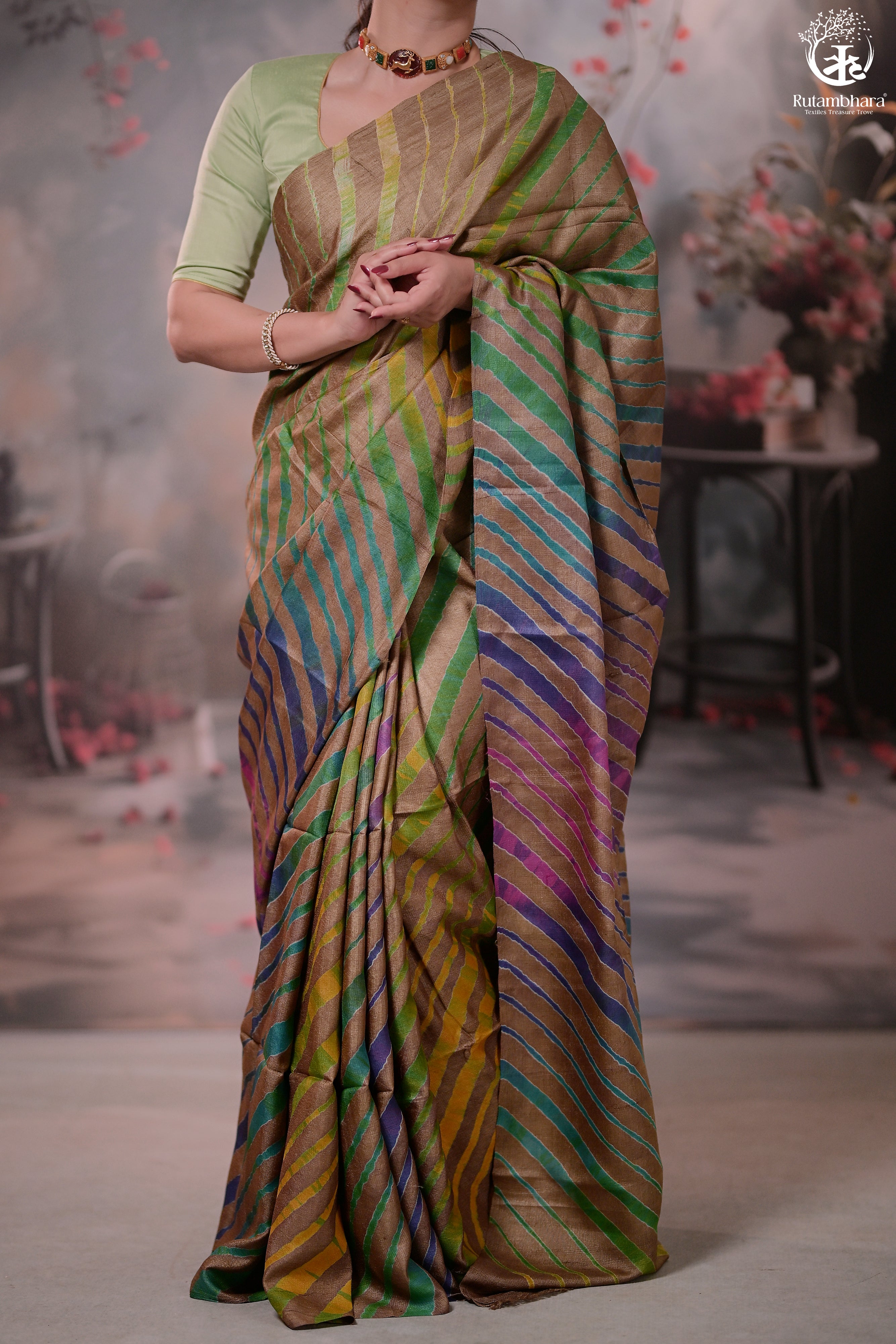 Dhanak - Light Brown Leheriya Saree In Tussar Silk