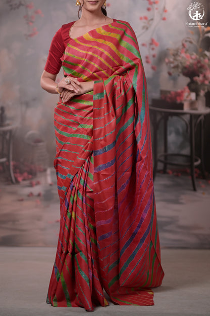 Dhanak - Red Leheriya Saree In Tussar Silk-Rutambhara-RUTAMBHARA