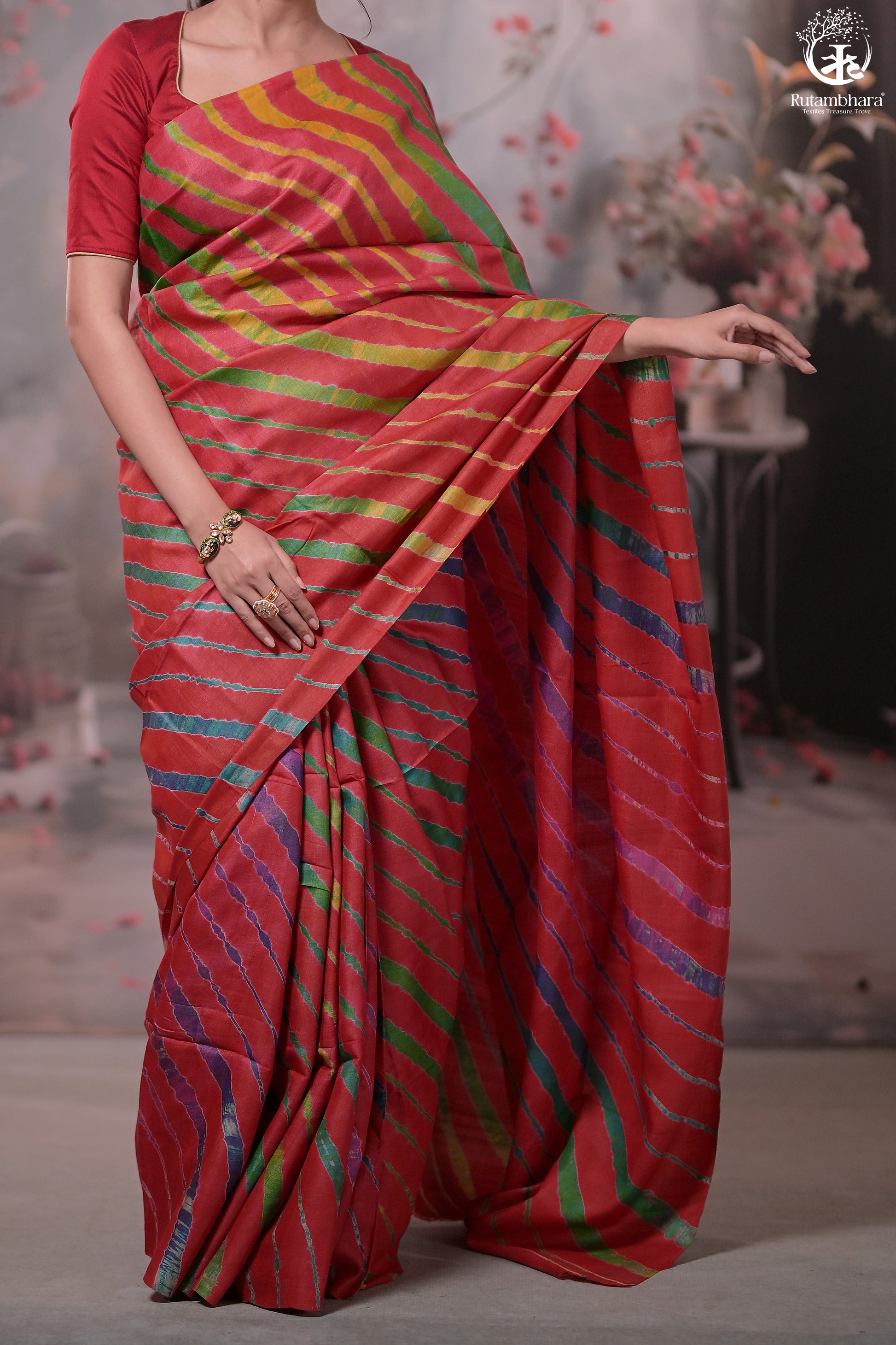 Dhanak - Red Leheriya Saree In Tussar Silk-Rutambhara-RUTAMBHARA