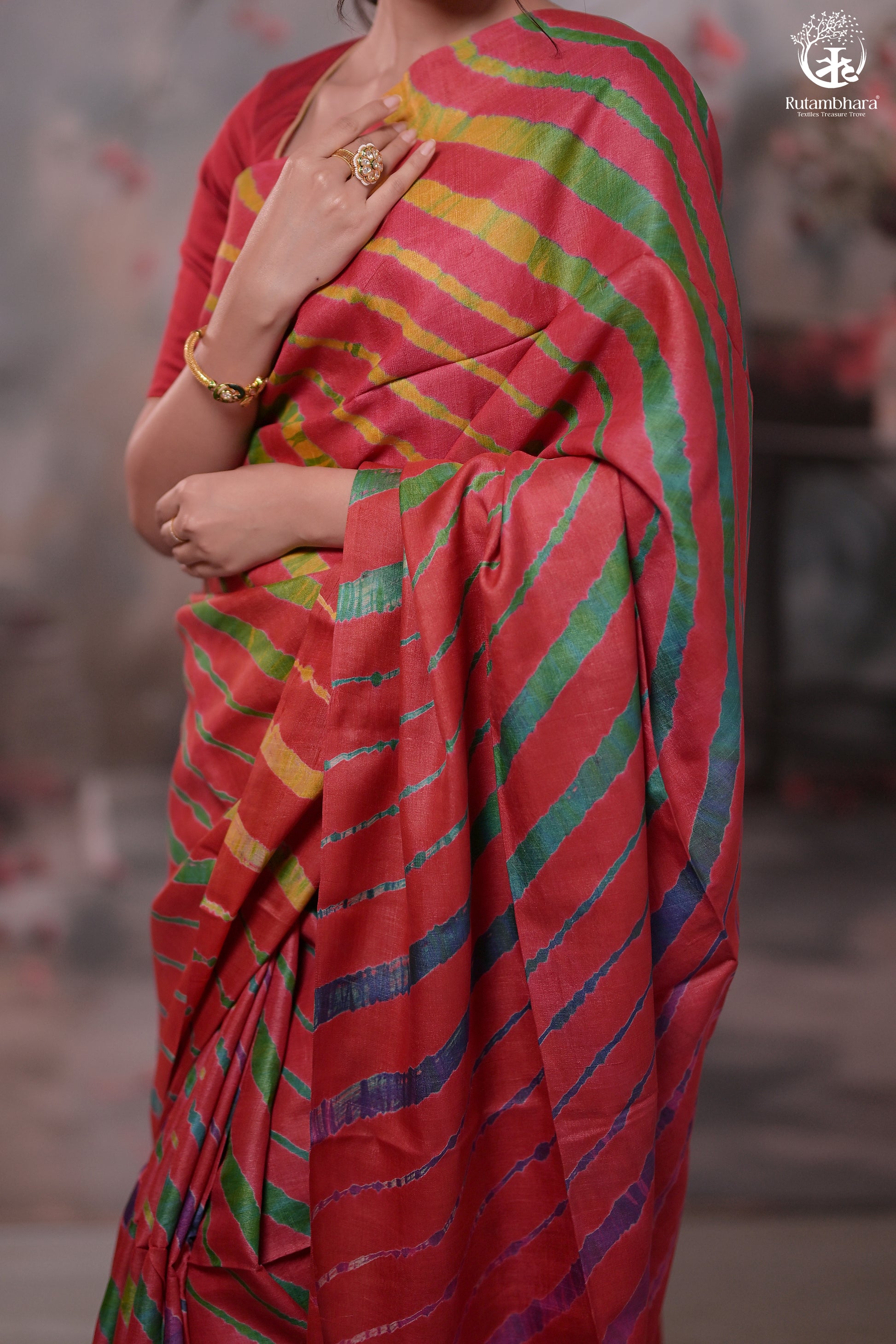 Dhanak - Red Leheriya Saree In Tussar Silk-Rutambhara-RUTAMBHARA