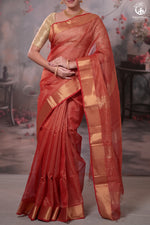 Narmaa - Festive Red Gold Tissue Checks Tissue Silk Cotton Saree With Gold Zari Lehar Border-Rutambhara-RUTAMBHARA