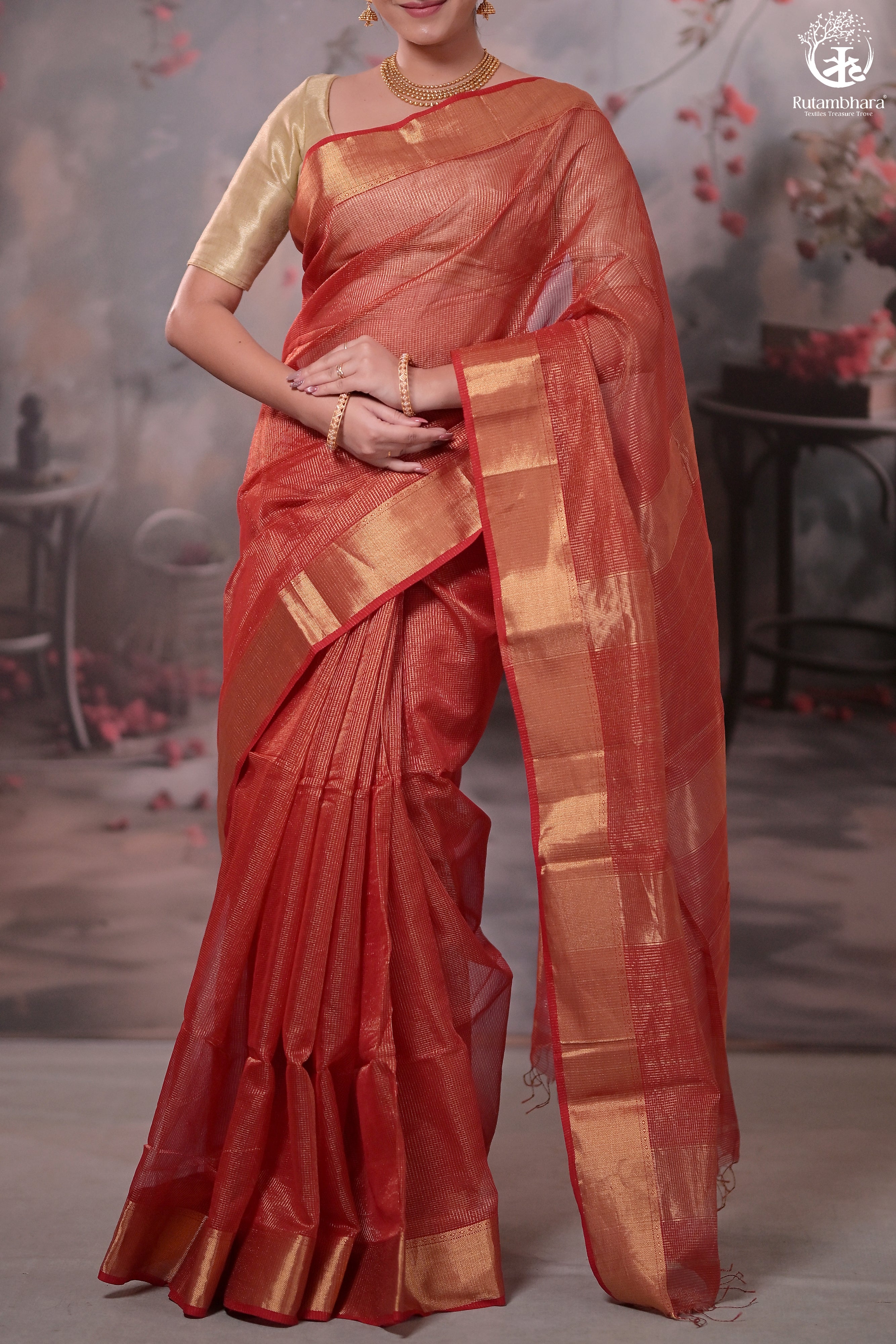Narmaa - Festive Red Gold Tissue Checks Tissue Silk Cotton Saree With Gold Zari Lehar Border