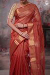Narmaa - Festive Red Gold Tissue Checks Tissue Silk Cotton Saree With Gold Zari Lehar Border