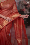 Narmaa - Festive Red Gold Tissue Checks Tissue Silk Cotton Saree With Gold Zari Lehar Border