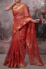 Narmaa - Festive Red Gold Tissue Checks Tissue Silk Cotton Saree With Gold Zari Lehar Border-Rutambhara-RUTAMBHARA
