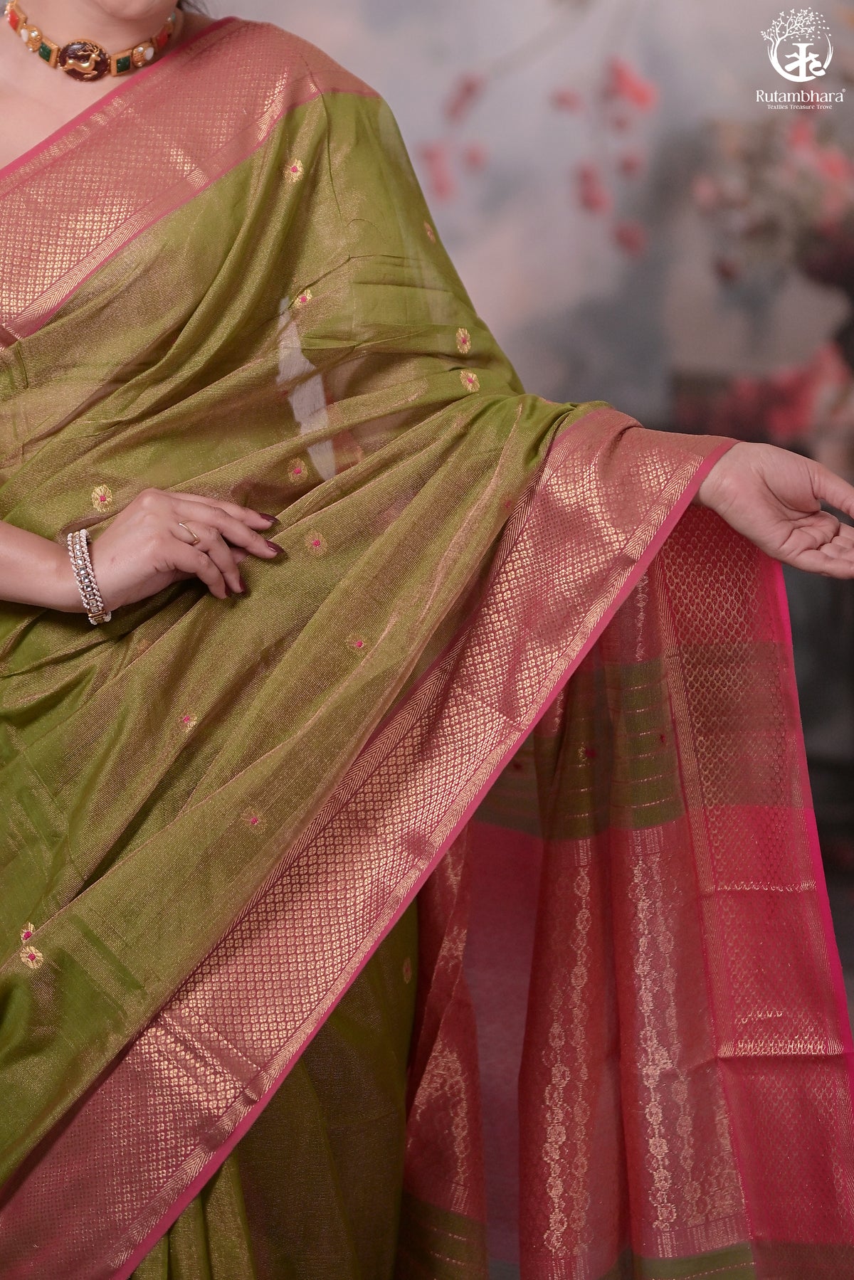Narmaa - Green Tissue With Zari Meena Butas Silk Cotton Saree