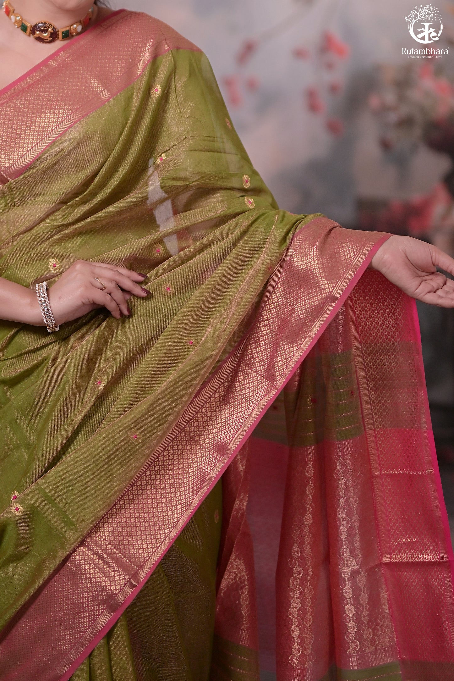 Narmaa - Green Tissue With Zari Meena Butas Silk Cotton Saree