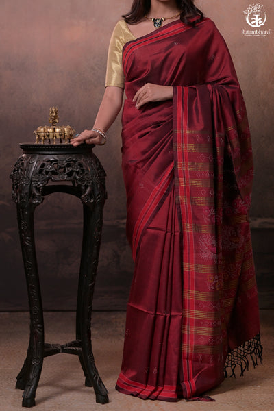 Nuktaa - Red Maroon Exquisite Handwoven Tangaliya Saree With Red Selvedge And Elaborate Pallu-Rutambhara-RUTAMBHARA
