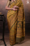 Ushraa - Yellow And Olive Handcrafted Ajrakh Saree In Pure Silk