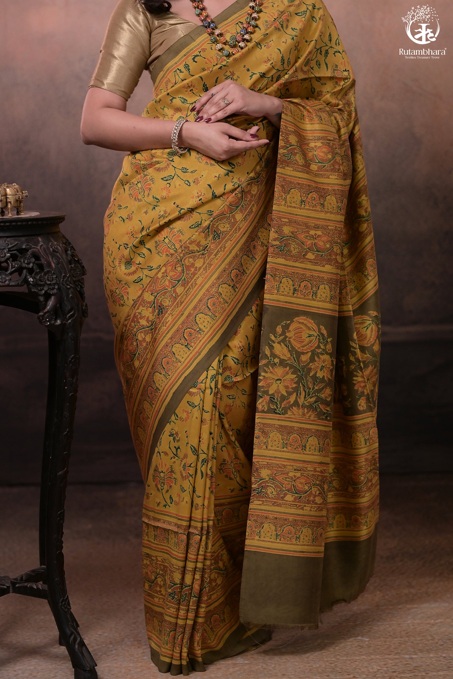 Ushraa - Yellow And Olive Handcrafted Ajrakh Saree In Pure Silk