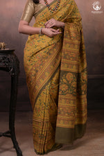 Ushraa - Yellow And Olive Handcrafted Ajrakh Saree In Pure Silk-Rutambhara-RUTAMBHARA