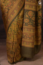 Ushraa - Yellow And Olive Handcrafted Ajrakh Saree In Pure Silk-Rutambhara-RUTAMBHARA